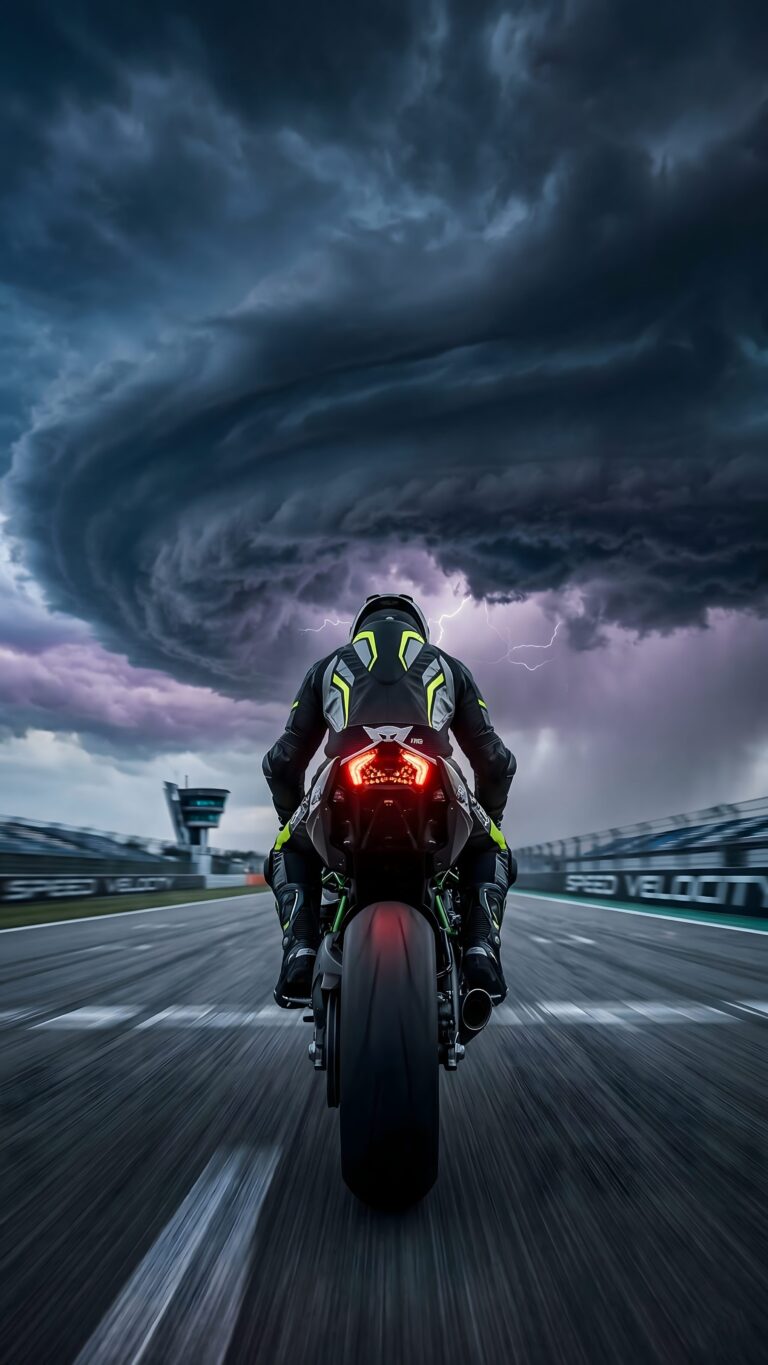 A high-resolution 4K mobile wallpaper of a motorcycle rider on a racing track facing a massive dark storm cloud with lightning and glowing red taillights.