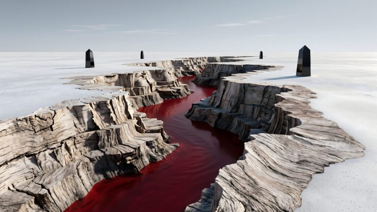 4K desktop wallpaper showing a surreal landscape with a deep rocky canyon, a flowing red river, a white desert plain, and mysterious black monoliths.