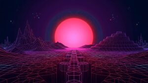 A high-resolution 4K desktop wallpaper featuring a massive glowing pink neon sun over a purple wireframe mountain range and a hexagonal path.