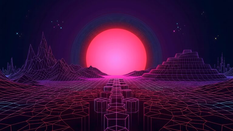 A high-resolution 4K desktop wallpaper featuring a massive glowing pink neon sun over a purple wireframe mountain range and a hexagonal path.