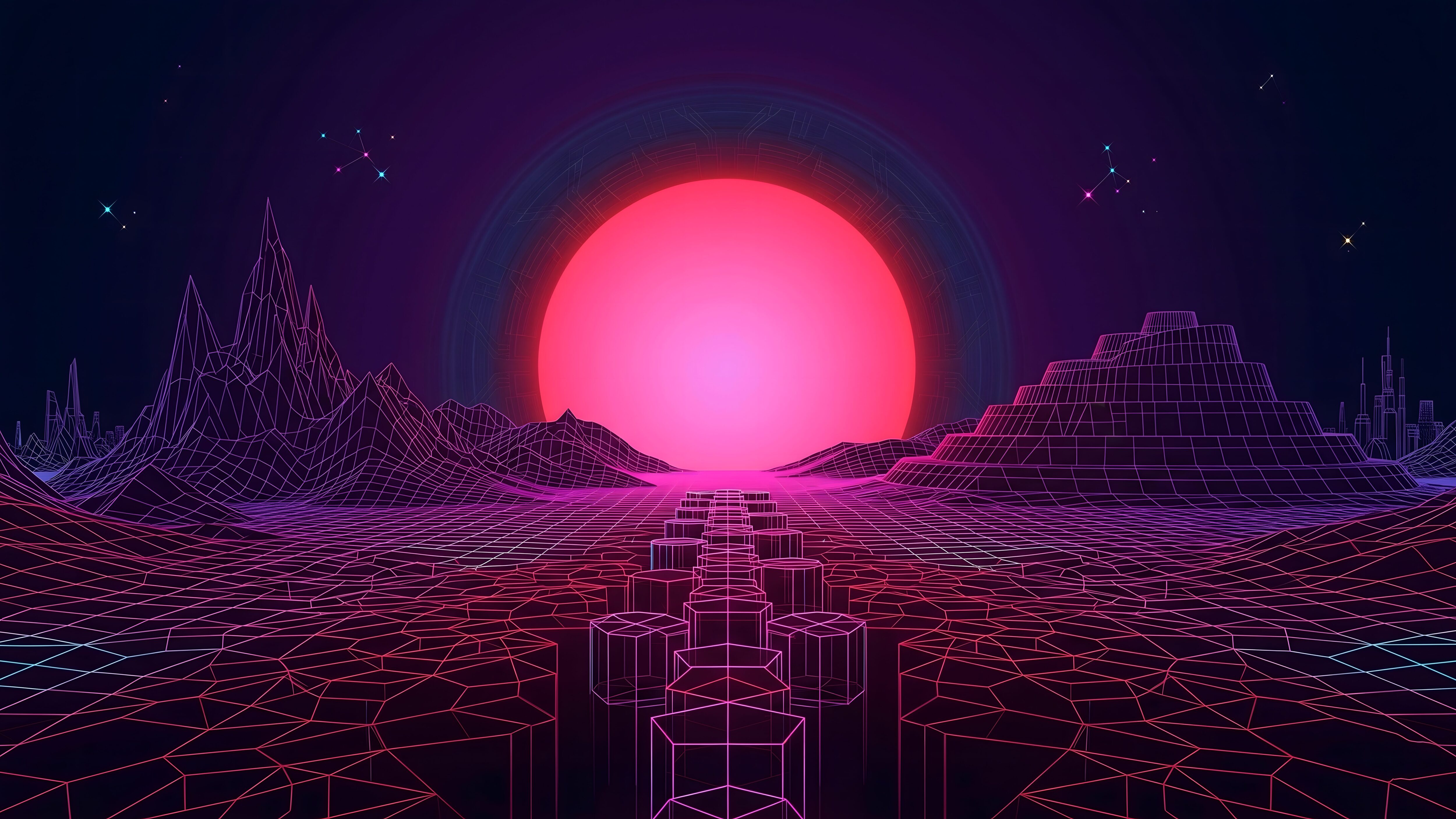 A high-resolution 4K desktop wallpaper featuring a massive glowing pink neon sun over a purple wireframe mountain range and a hexagonal path.