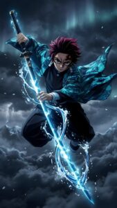 4K anime mobile wallpaper of Tanjiro Kamado from Demon Slayer performing water breathing technique with a glowing sword.