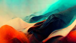 4K desktop wallpaper featuring fluid liquid silk textures in teal, orange, and deep blue with glitter highlights.