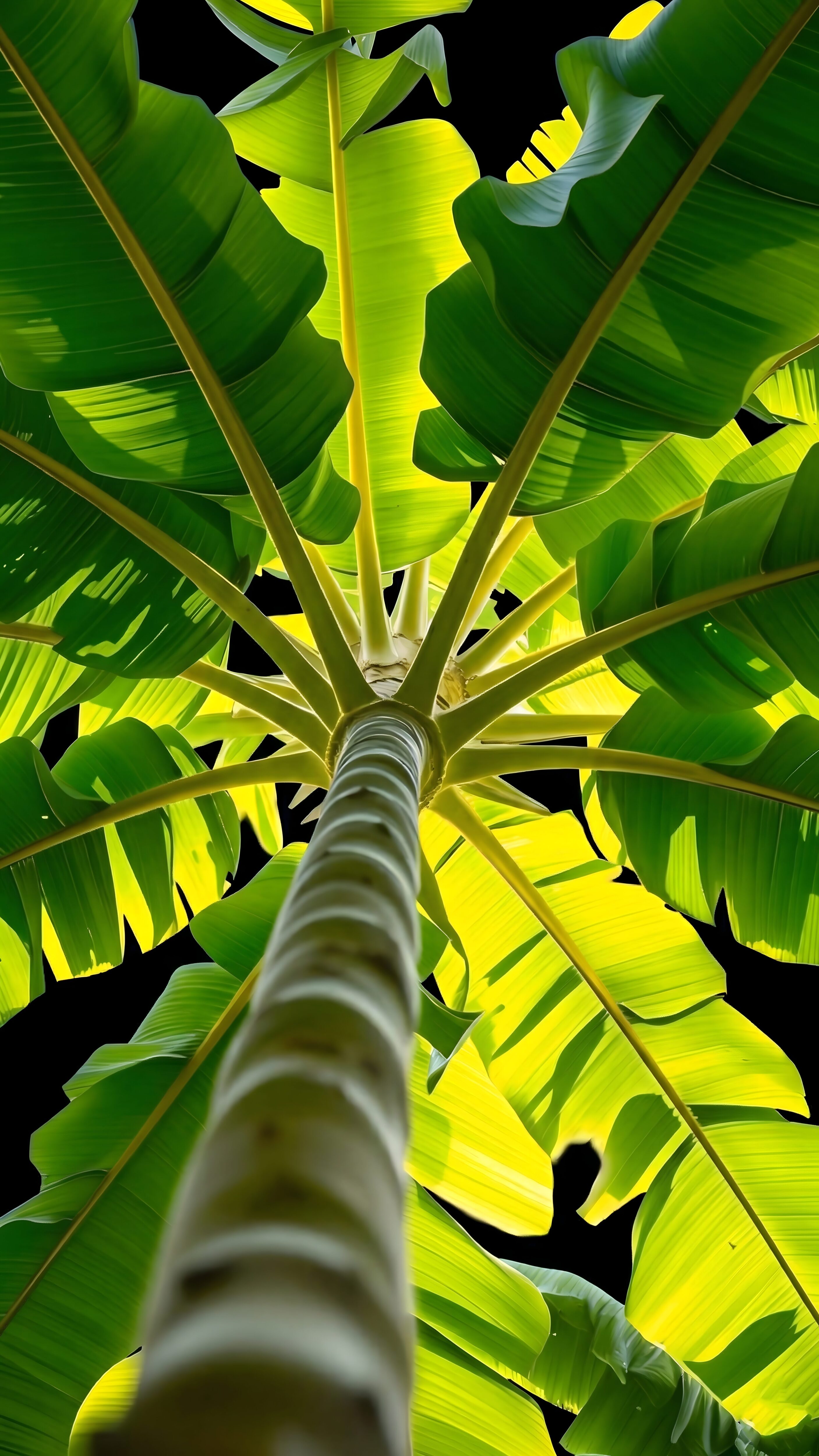 A high-resolution 4K mobile wallpaper showing a banana tree from a low angle with vibrant green leaves reaching across a solid black AMOLED background