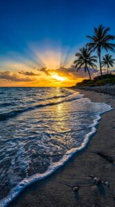 High-resolution 4K mobile wallpaper of a tropical beach sunset with palm trees, sea foam, and seashells on the shore.