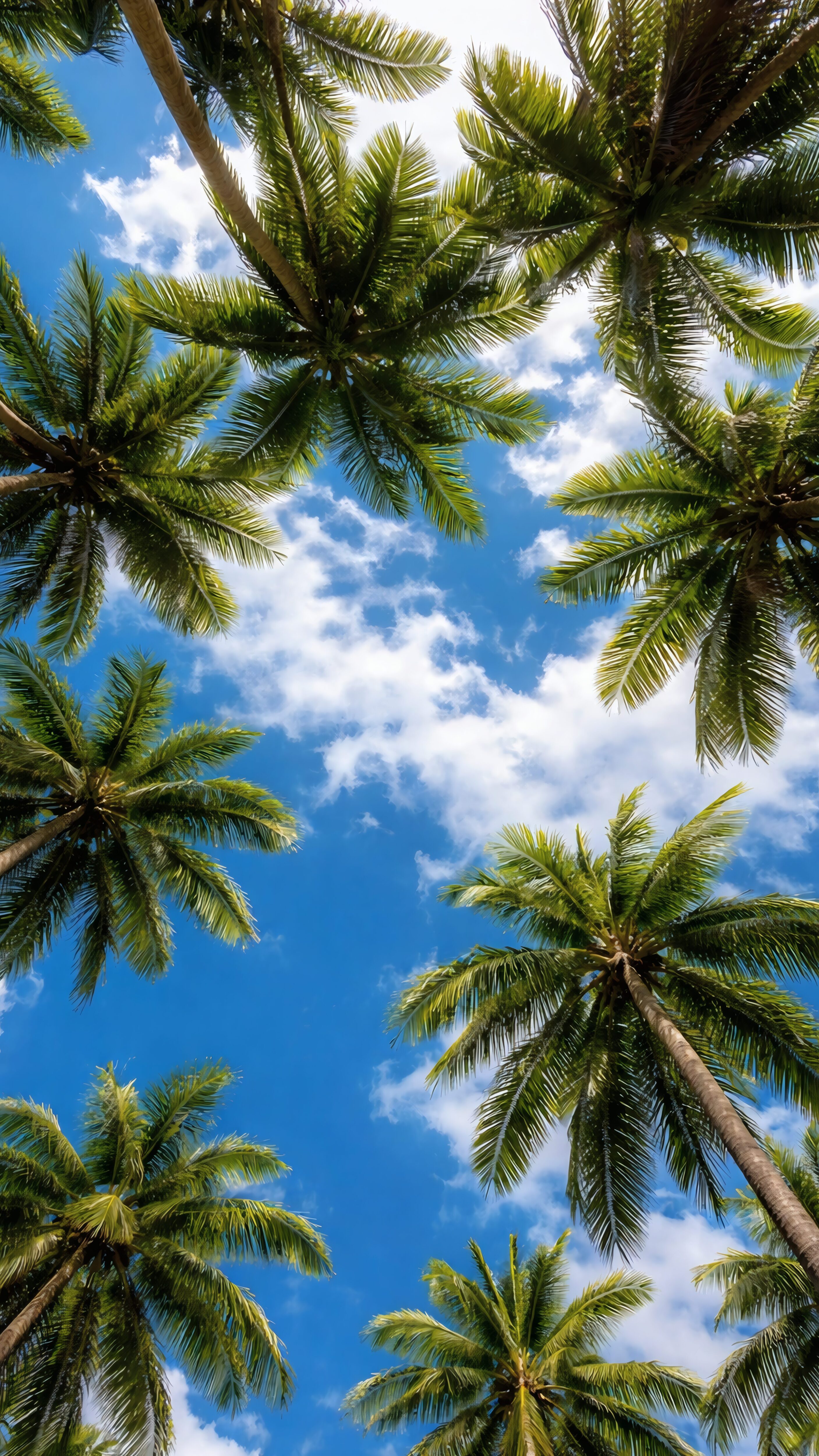 A high-resolution 4K mobile wallpaper looking up at several tropical palm trees against a vibrant blue sky with soft white clouds.