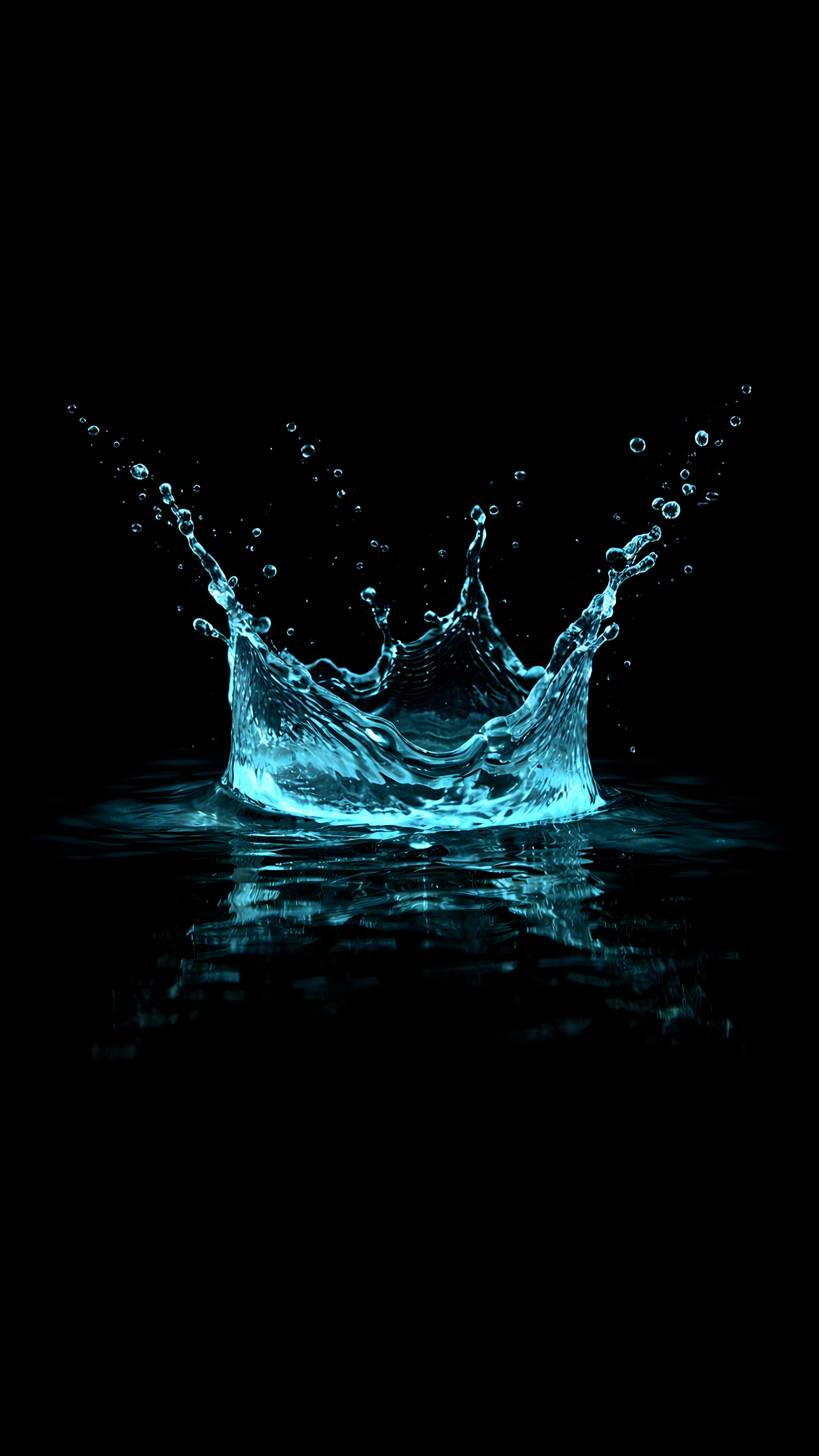A high-resolution 4K mobile wallpaper of a bright turquoise water splash in the shape of a crown on a pure black background with a reflection.