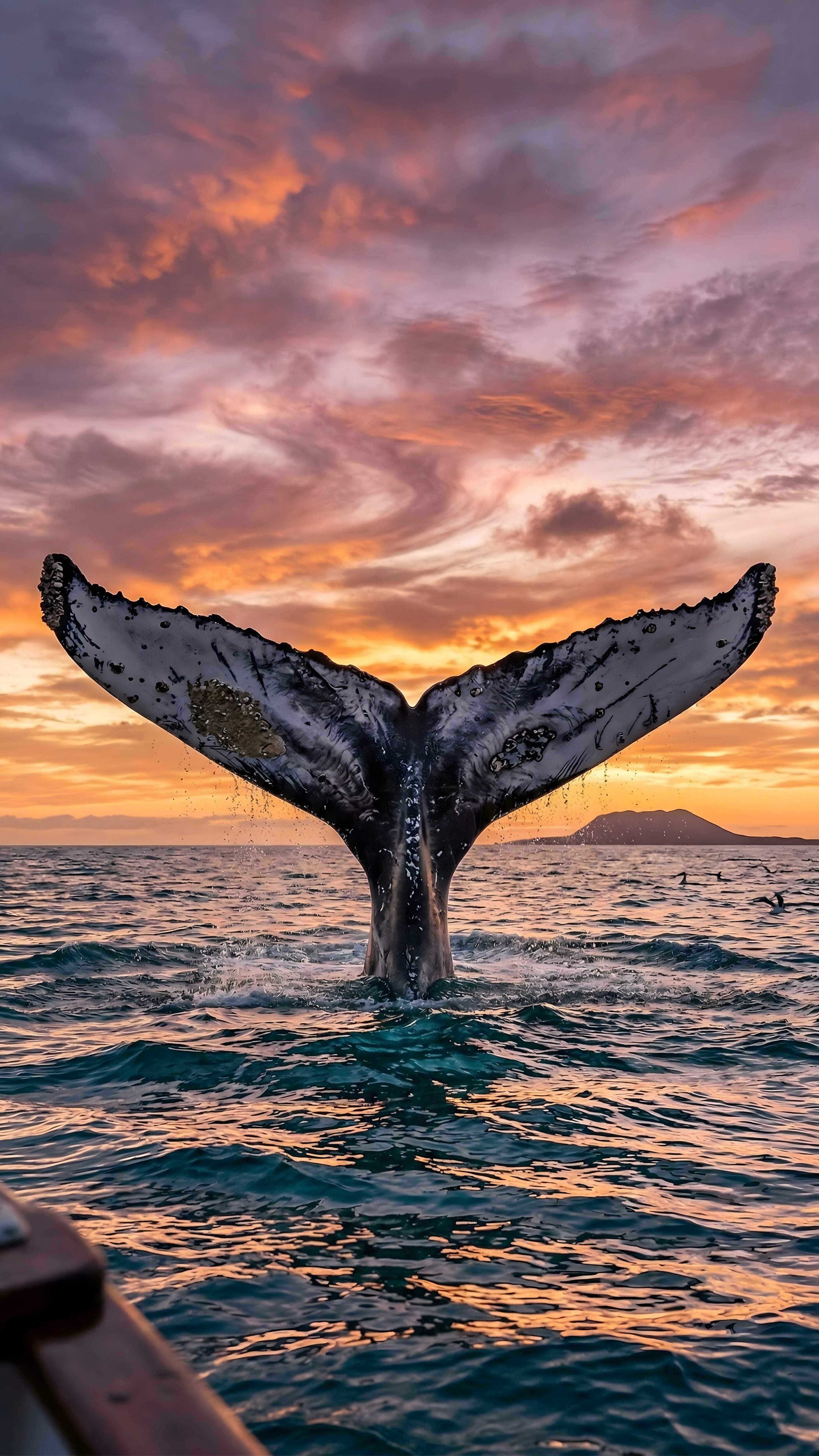 Majestic whale tail flukes emerging from the ocean during a vibrant orange sunset 4K mobile wallpaper.