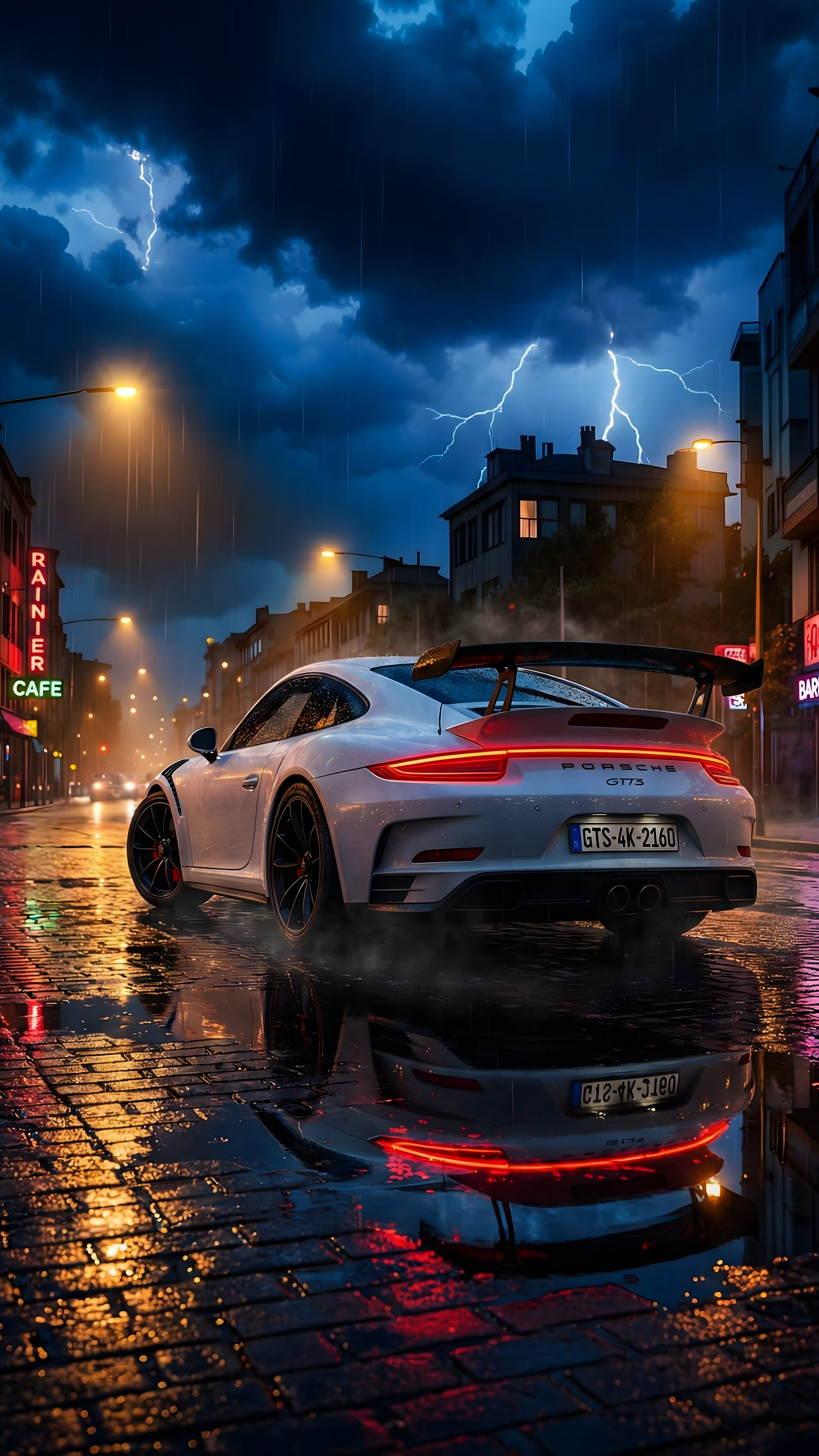 A high-resolution 4K mobile wallpaper of a white Porsche 911 parked on a wet cobblestone street at night during a lightning storm, with glowing red taillights and neon city reflections in the water.