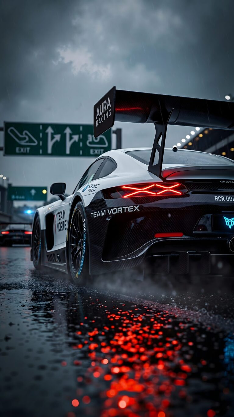 Rear view of a white racing sports car with a large spoiler on a wet highway reflecting red tail lights.