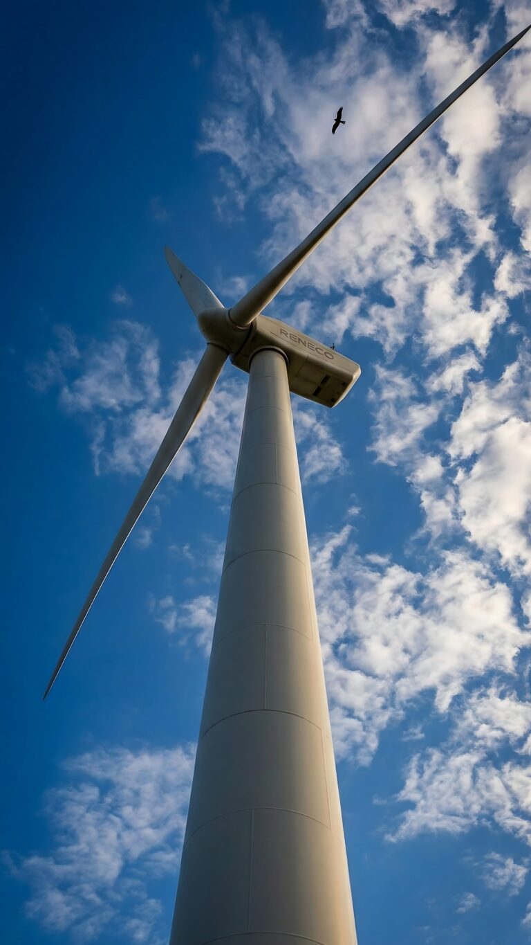 Sharp 4K mobile wallpaper of a tall wind turbine reaching into a bright blue sky with white clouds and a bird flying above.