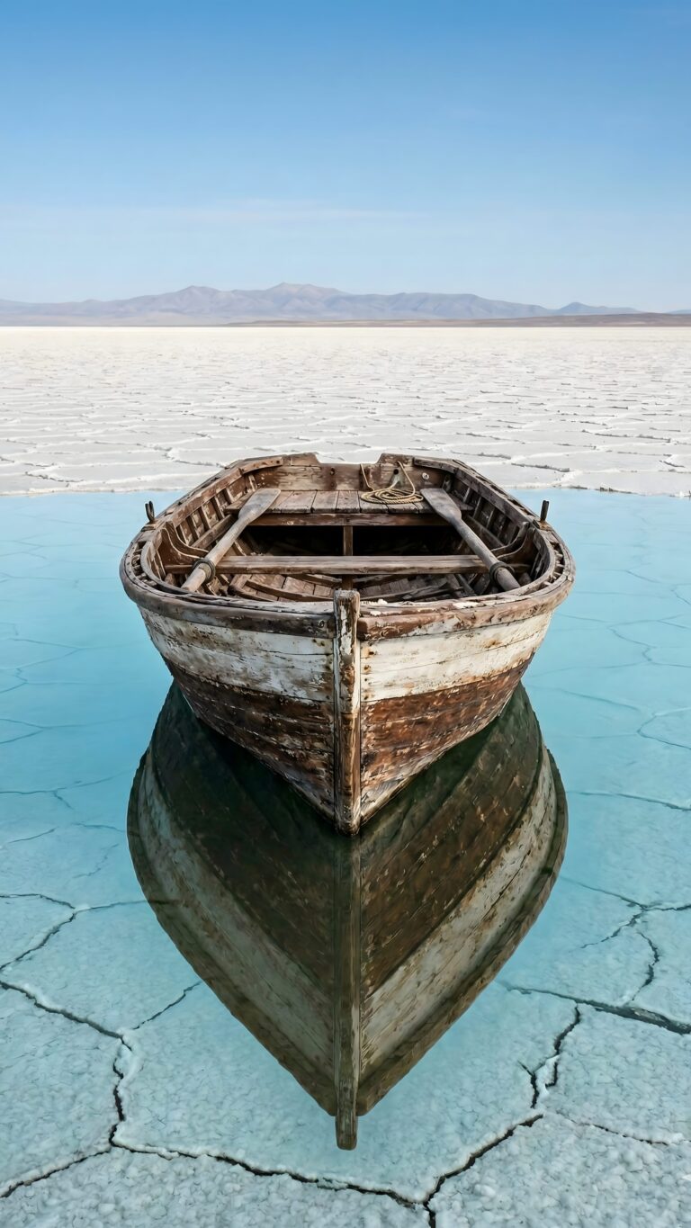 Old wooden boat on a salt flat with a perfect turquoise water reflection 4K mobile wallpaper.