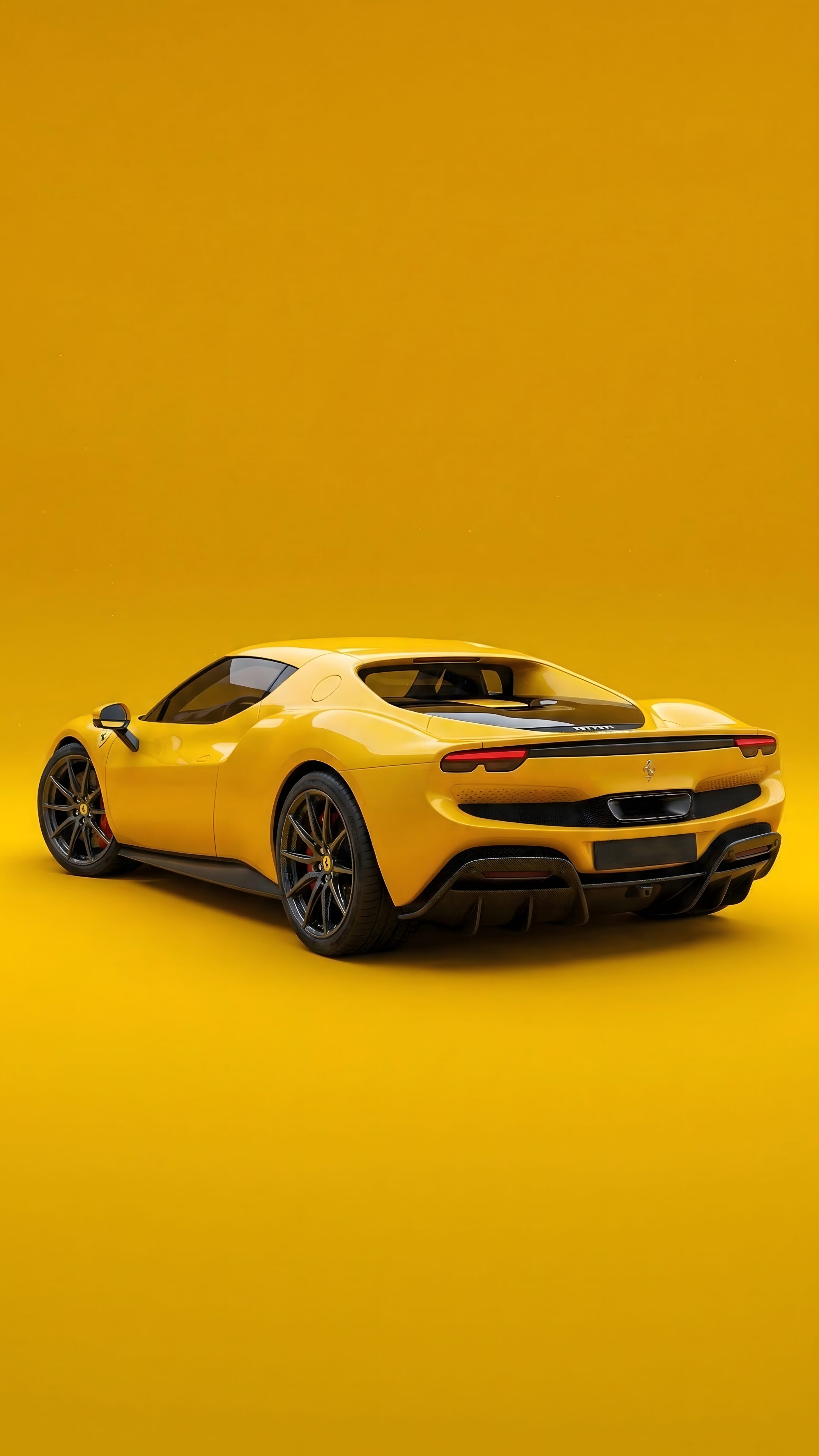 High-resolution 4K mobile wallpaper of a yellow Ferrari from the rear angle against a solid yellow studio background.