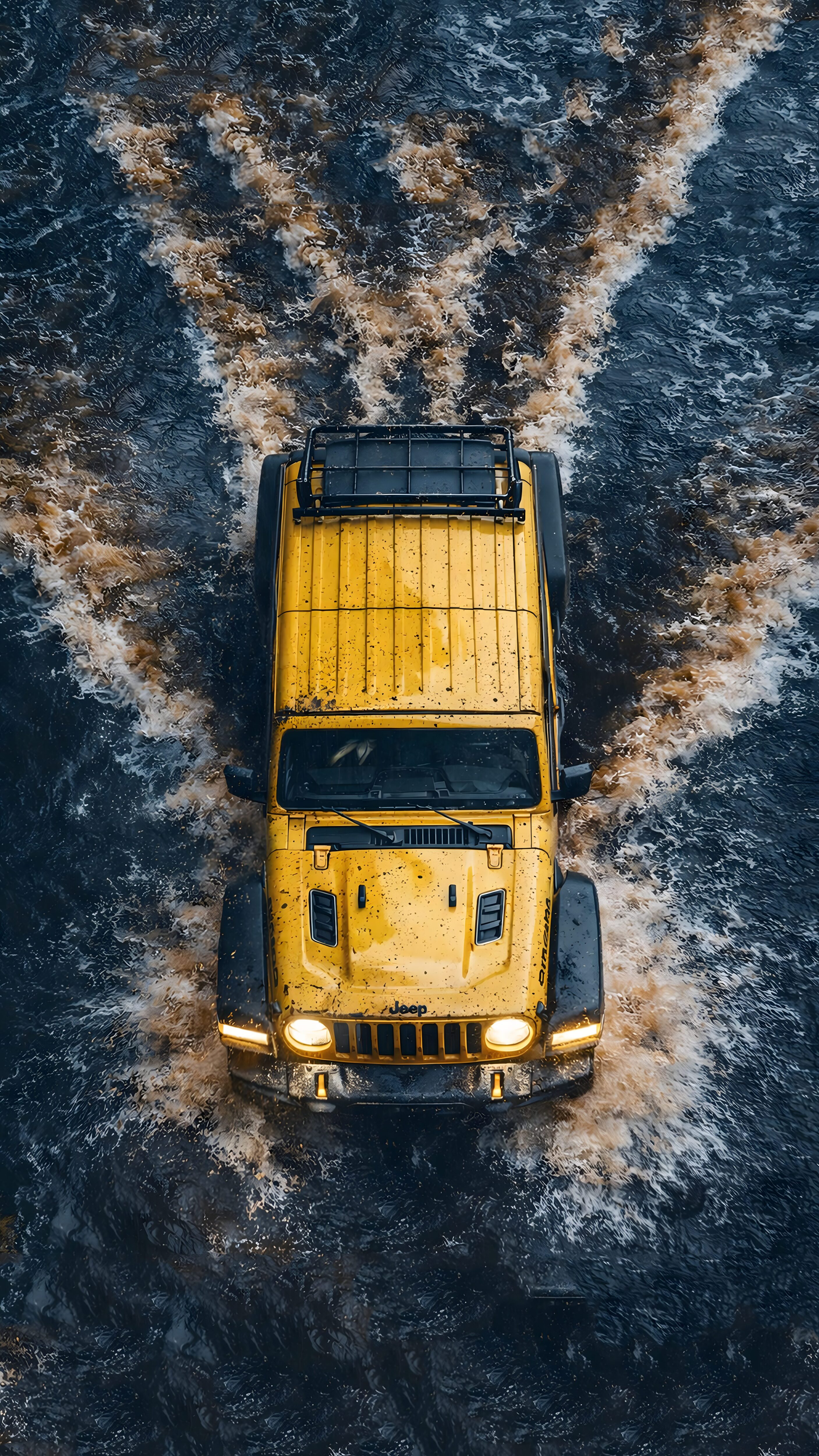 A high-resolution 4K aerial mobile wallpaper of a bright yellow Jeep Wrangler driving through deep river water, creating a muddy wake.
