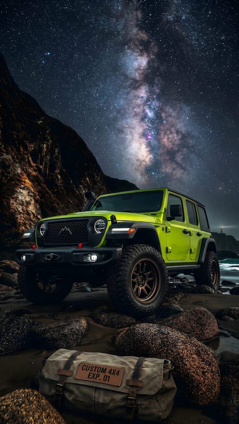 Bright green custom 4x4 off-road vehicle parked on rocky terrain under a spectacular Milky Way night sky.
