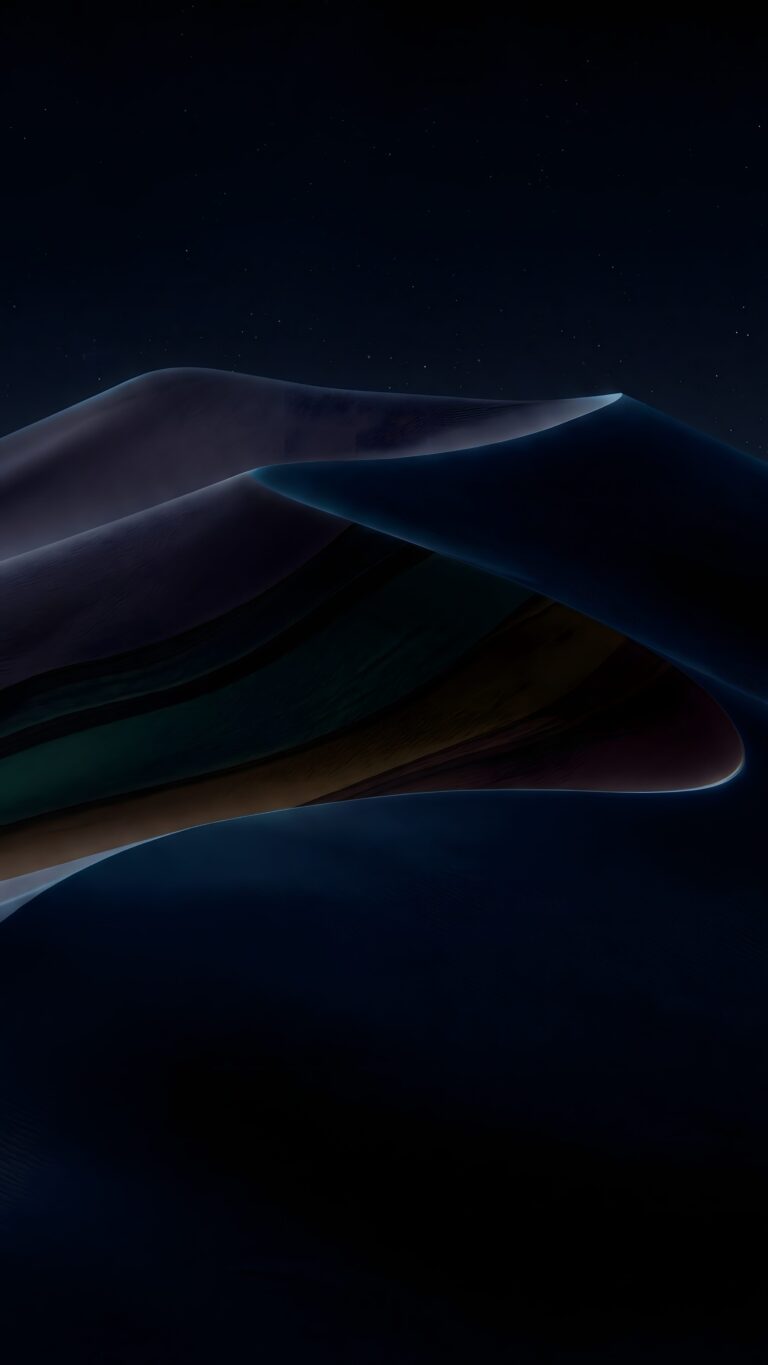 Abstract dark dunes at night with glowing edges and a subtle starry sky background.