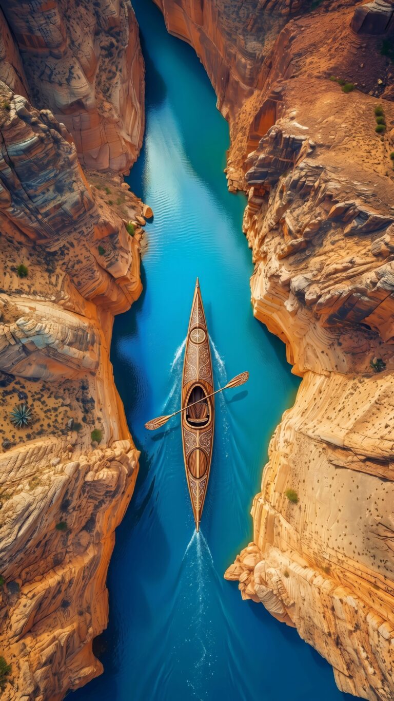 Top-down view of an ornate wooden kayak floating on a vibrant blue river flowing through a deep orange rock canyon.