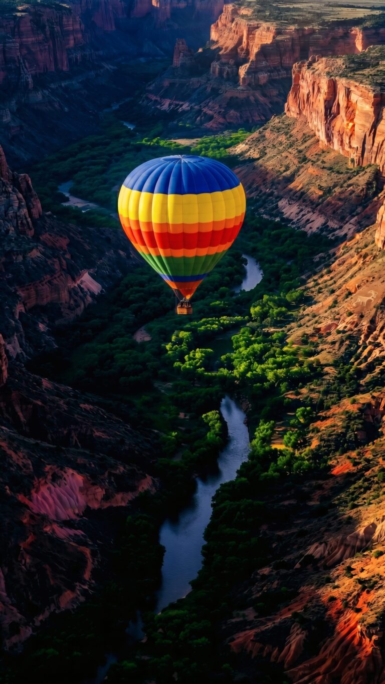 A colorful striped hot air balloon flying over a lush green river valley inside a deep canyon during sunset.