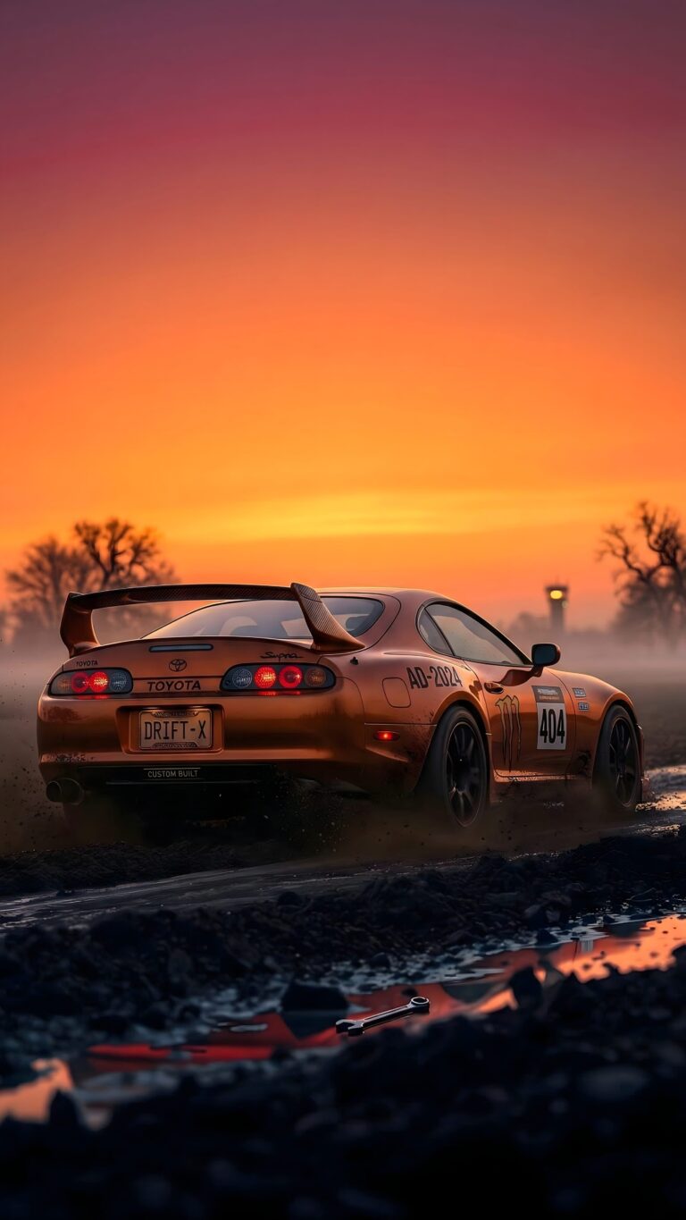 An orange Toyota Supra drifting through a muddy track during a vibrant sunset with the license plate DRIFT-X.