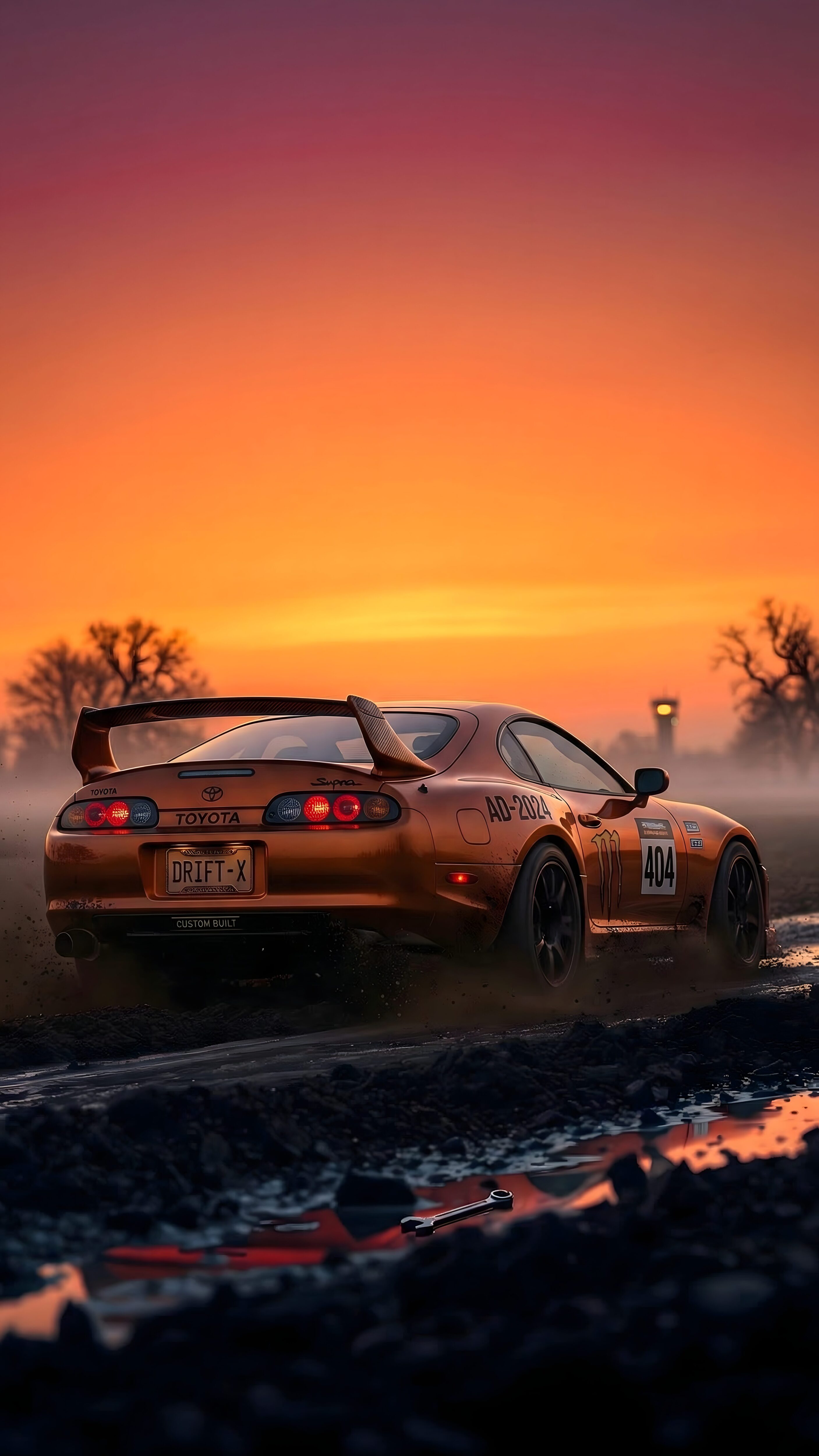 An orange Toyota Supra drifting through a muddy track during a vibrant sunset with the license plate DRIFT-X.