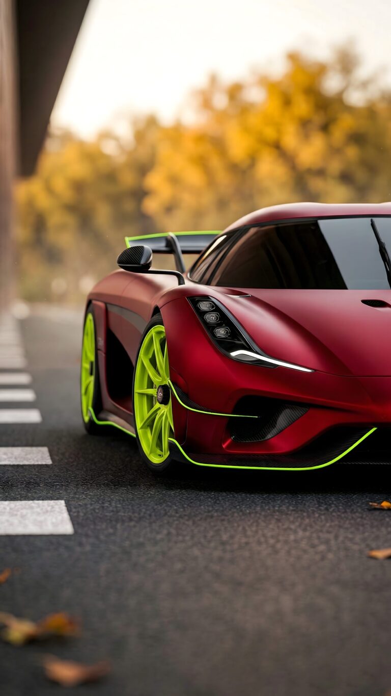 A close-up side view of a sleek, matte dark red hypercar featuring vibrant neon green rims and aerodynamic accents, parked on an asphalt road scattered with autumn leaves.