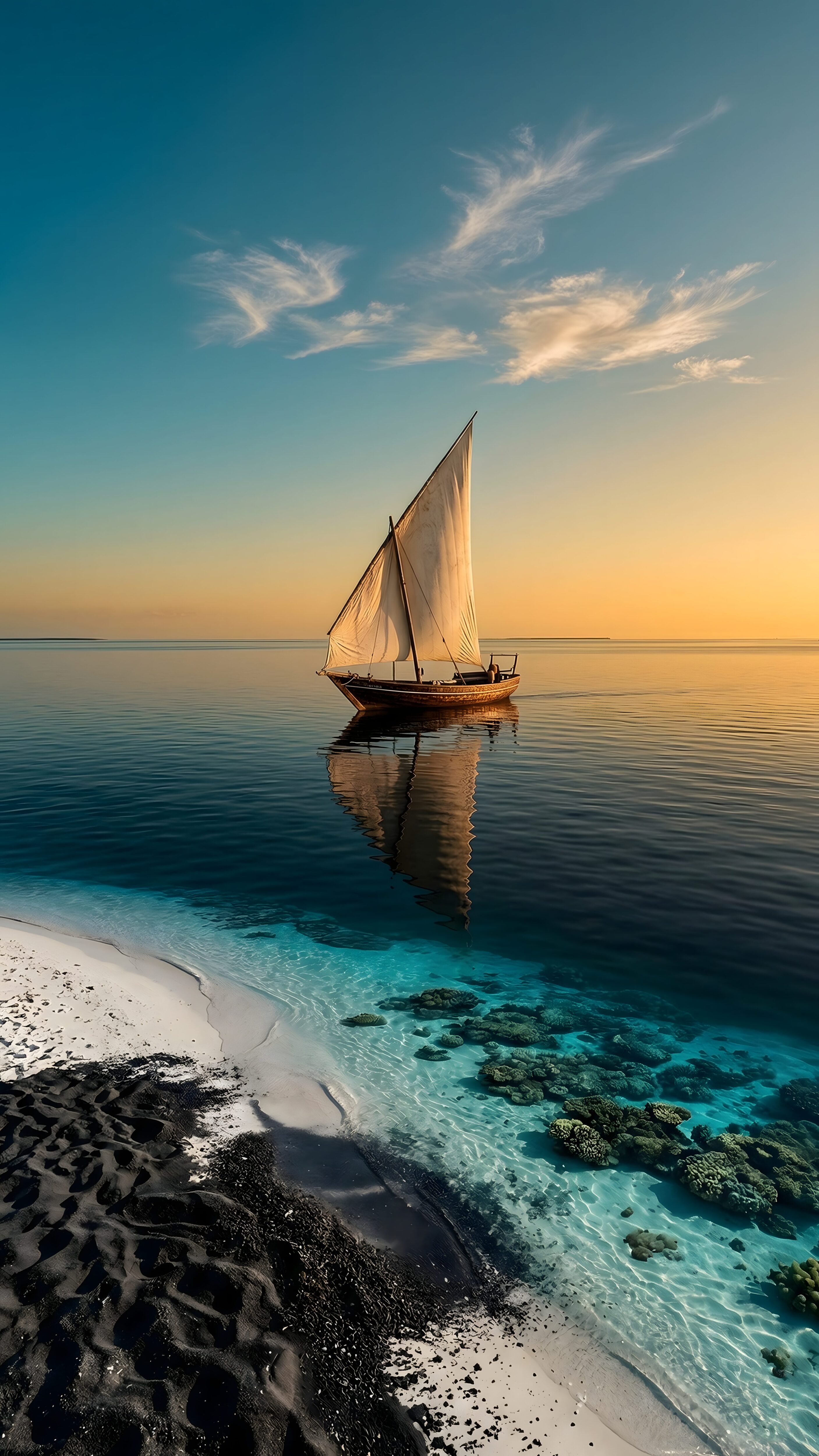 A traditional sailboat gliding on calm turquoise water over coral reefs, viewed from a beach with striking black and white sand under a sunset sky.