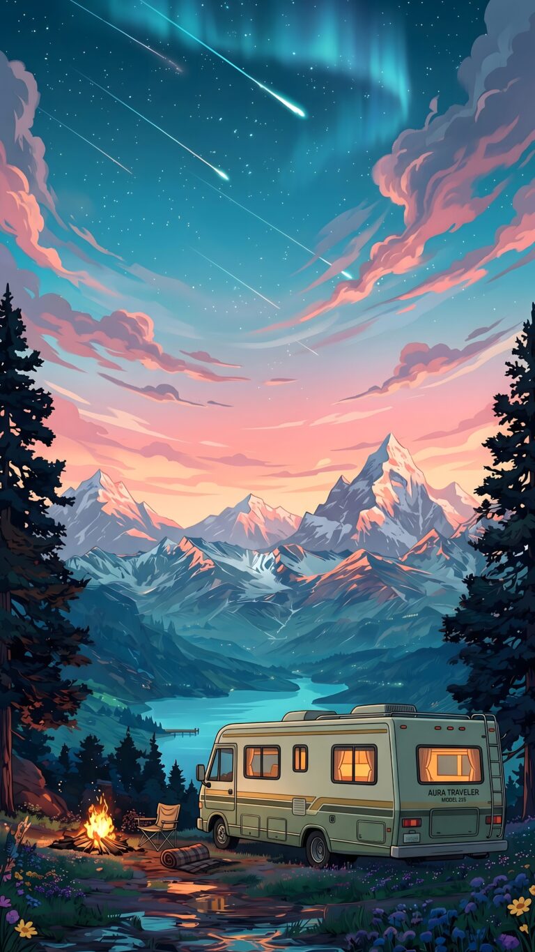 Vector illustration of a camper van parked by a campfire near a mountain lake under an aurora borealis night sky.