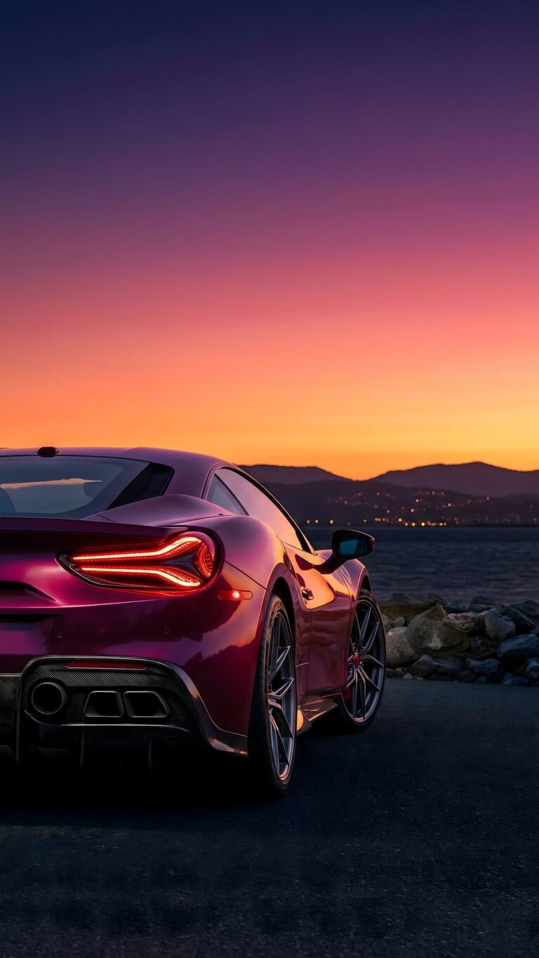 Magenta sports car parked by the water during a vibrant purple and orange sunset.