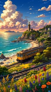 Vertical anime style illustration of a yellow train traveling along a vibrant coastline at sunset, featuring blooming wildflowers in the foreground and a distant lighthouse.