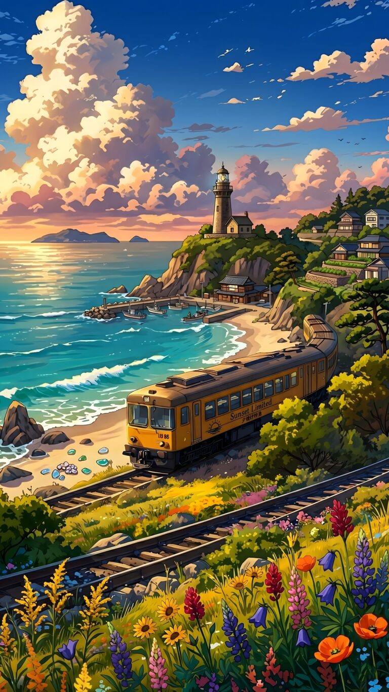 Vertical anime style illustration of a yellow train traveling along a vibrant coastline at sunset, featuring blooming wildflowers in the foreground and a distant lighthouse.
