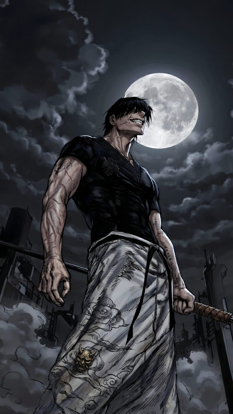 Muscular anime swordsman with scars and a katana standing under a bright full moon against a dark, cloudy sky.