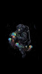 Astronaut floating in dark space holding colorful glowing bioluminescent jellyfish.