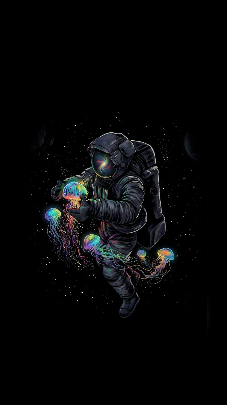 Astronaut floating in dark space holding colorful glowing bioluminescent jellyfish.
