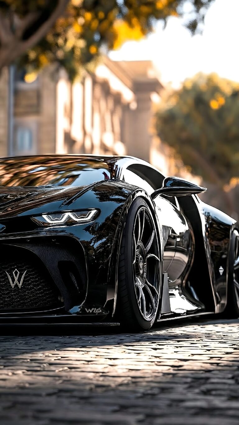 Glossy black concept sports car parked on a cobblestone street during golden hour.