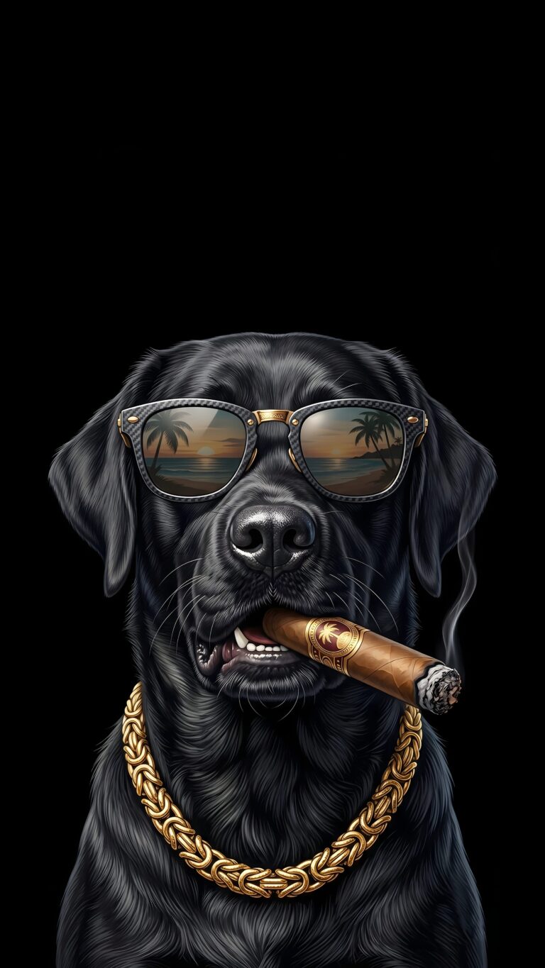 A hyper-realistic black Labrador dog wearing gold framed sunglasses reflecting a beach sunset, sporting a thick gold chain, and smoking a cigar against a pure black background.