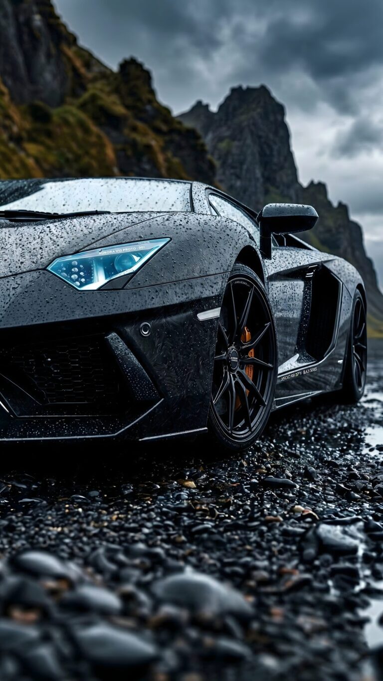 Dark grey sports car covered in raindrops parked on a rocky ground with moody mountains and an overcast sky in the background.