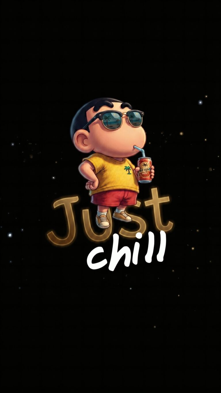 3D rendered Shin-chan wearing sunglasses and drinking from a can above the text Just chill on a dark starry background.