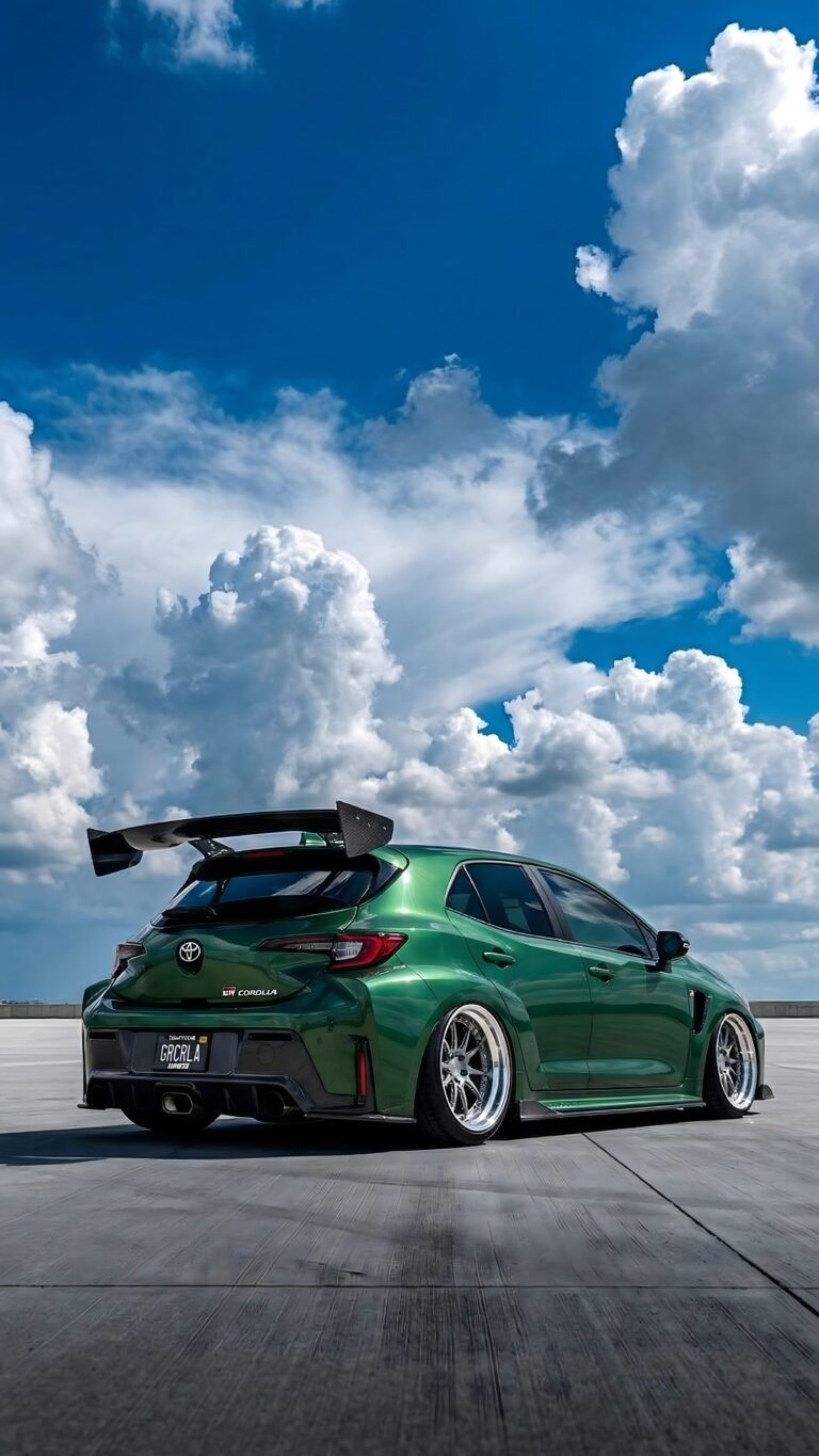 A modified emerald green Toyota GR Corolla with a large rear wing, lowered suspension, and custom wheels parked under a bright blue sky with fluffy clouds.