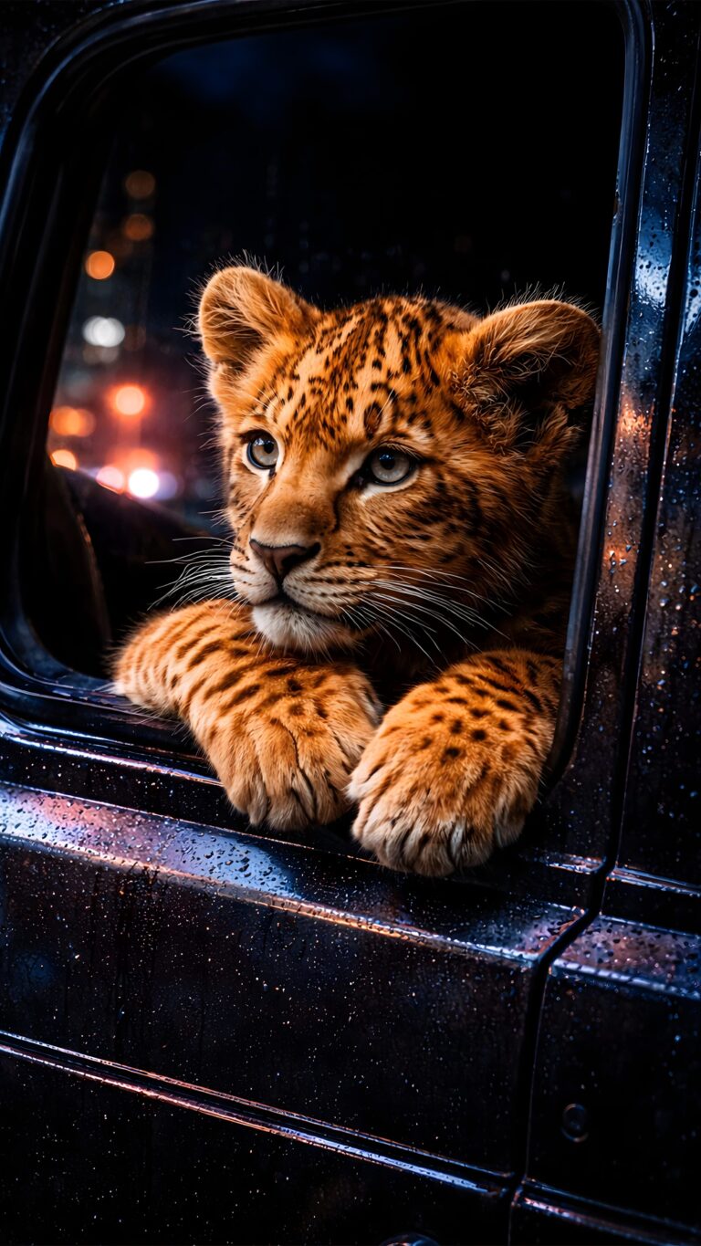A cute leopard cub looking out of a wet car window at night, 4K high-resolution mobile wallpaper.