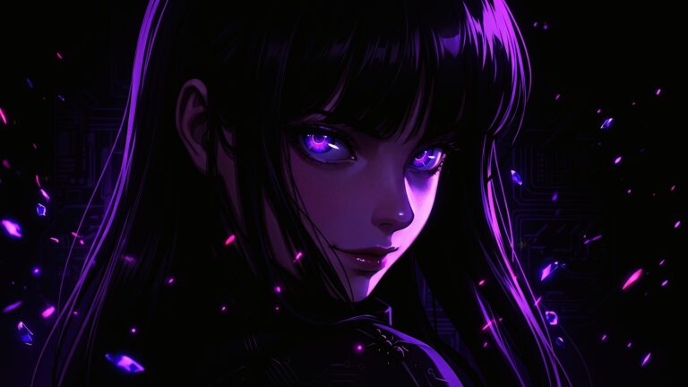 Anime girl with glowing purple eyes and dark hair surrounded by floating neon crystals in a cyberpunk setting.