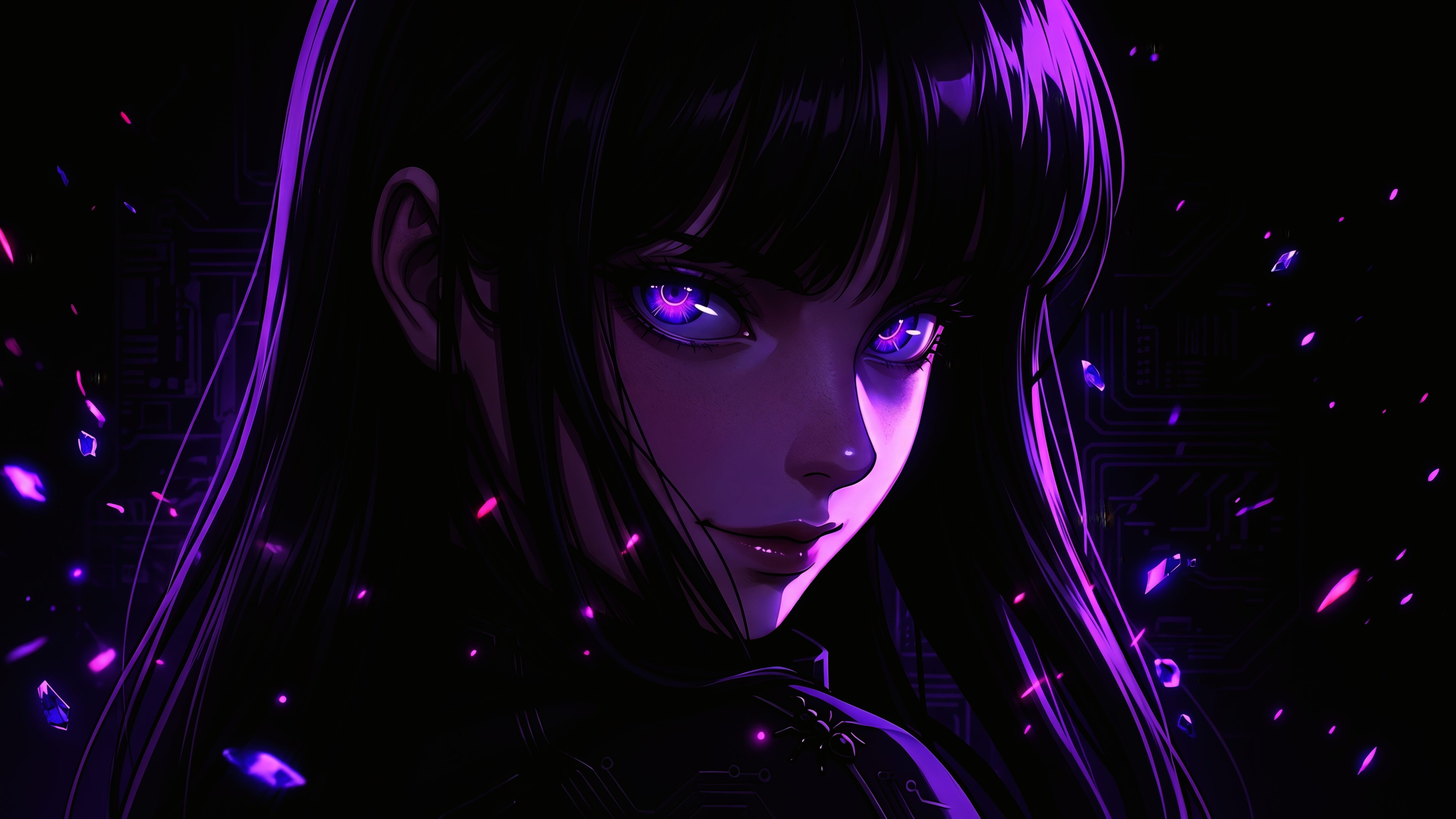 Anime girl with glowing purple eyes and dark hair surrounded by floating neon crystals in a cyberpunk setting.