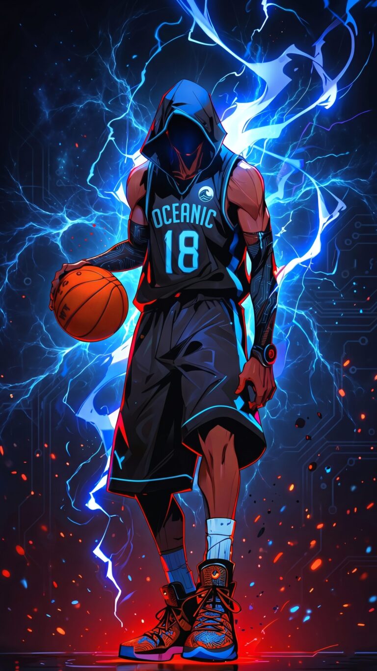 A digital illustration of a faceless basketball player wearing a dark hood and an Oceanic 18 jersey, surrounded by glowing neon blue lightning and orange cybernetic details.