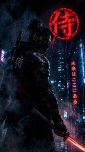 A cyberpunk samurai in dark armor holding a glowing red neon sword in a rainy, futuristic city with red neon kanji signs.