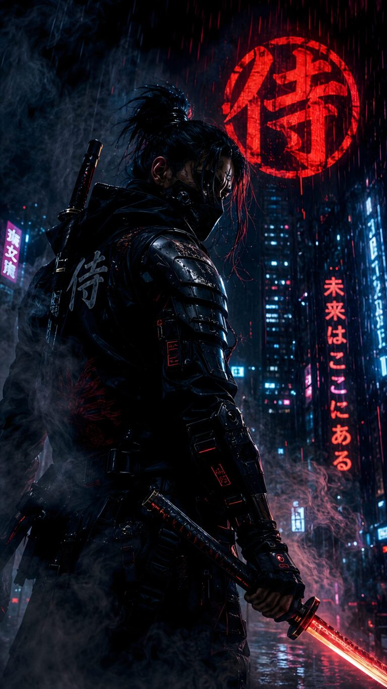 A cyberpunk samurai in dark armor holding a glowing red neon sword in a rainy, futuristic city with red neon kanji signs.