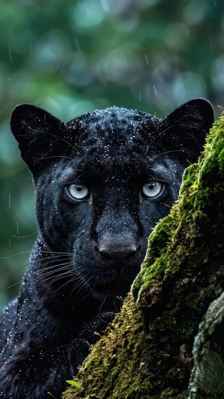 A close-up of a fierce black panther with piercing eyes covered in raindrops, peering from behind a glowing green mossy tree trunk.
