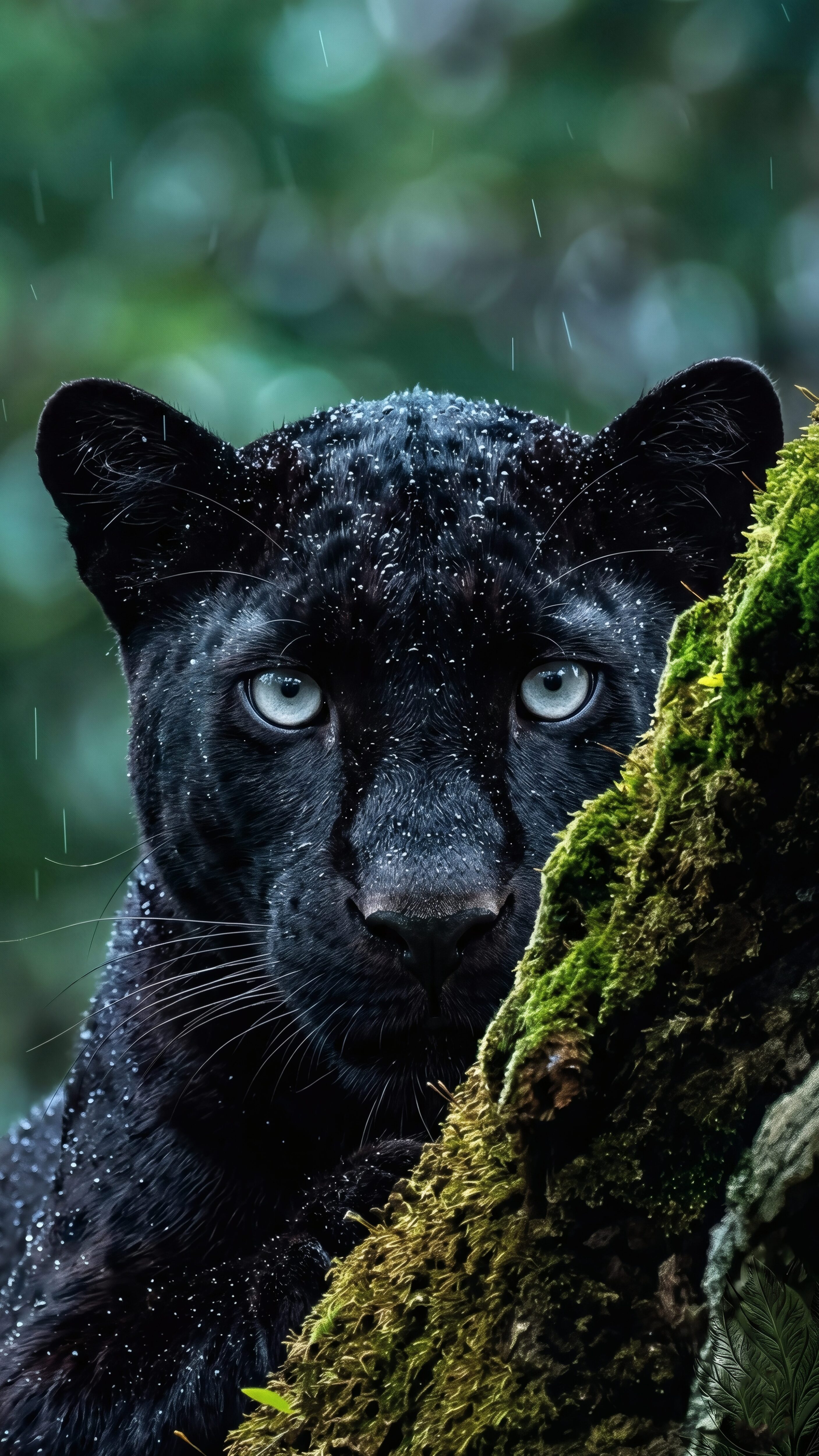 A close-up of a fierce black panther with piercing eyes covered in raindrops, peering from behind a glowing green mossy tree trunk.