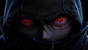 Close up of a hooded dark anime character with glowing red eyes and a stitched cheek scar against a black background with purple embers.