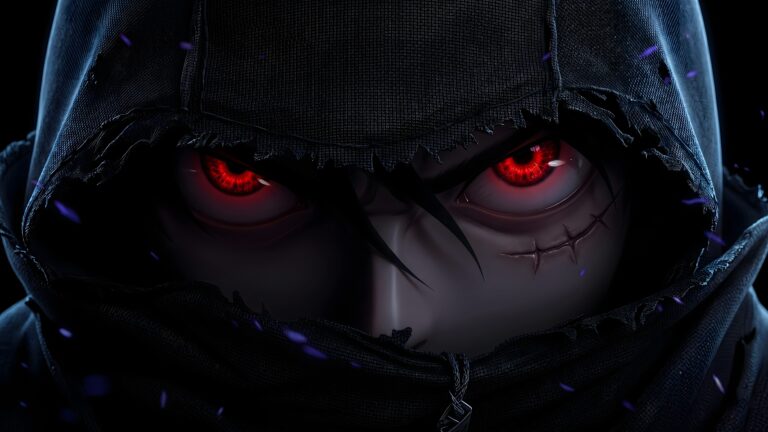 Close up of a hooded dark anime character with glowing red eyes and a stitched cheek scar against a black background with purple embers.