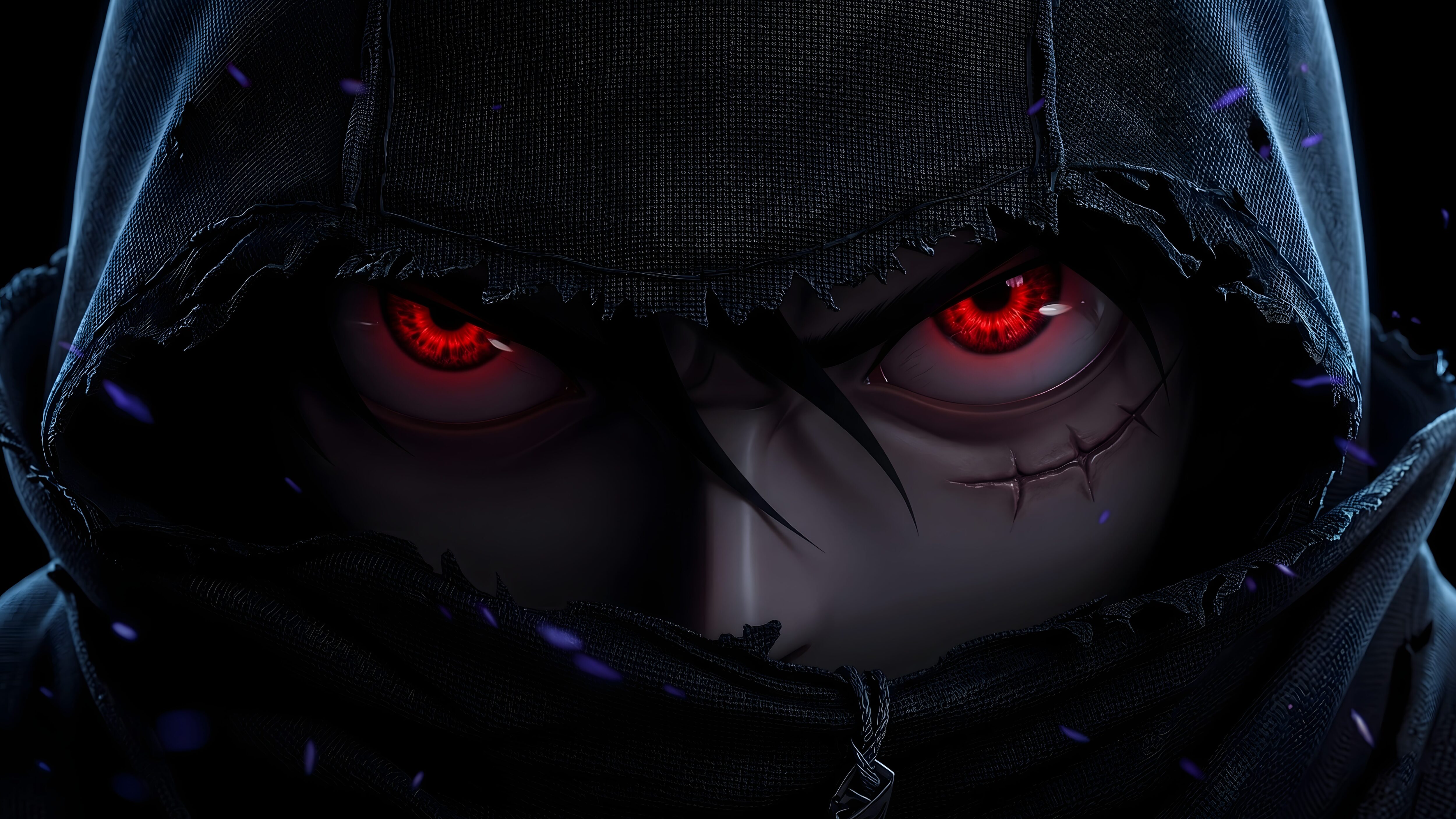 Close up of a hooded dark anime character with glowing red eyes and a stitched cheek scar against a black background with purple embers.