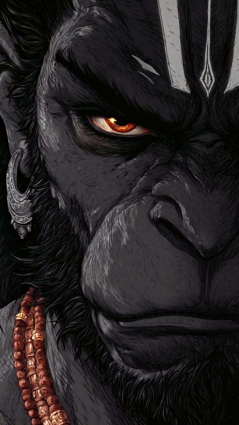 Close up dark illustration portrait of Hindu deity Hanuman with glowing eyes and traditional jewelry for a mobile wallpaper.